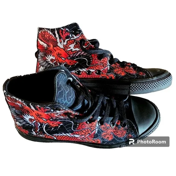 RAAD Shop Red Japanese Dragon Hi Tops US Size M6.5 EU 39.5 W8 Unisex Artsy