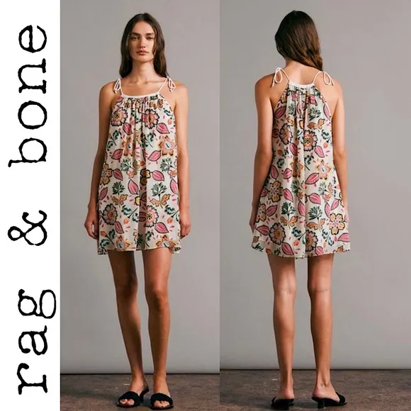 Rag &amp; Bone Bailey Mini Dress Silk Floral Self Tie Swing  Summer Tropical Hawaii