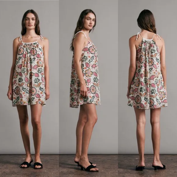 Rag &amp; Bone Bailey Mini Dress Silk Floral Self Tie Swing  Summer Tropical Hawaii
