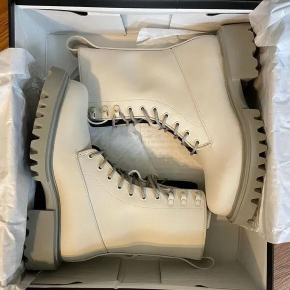 Rains Show Combat Boot Cement Off White Ankle High Lace-Up Vegan 7.5