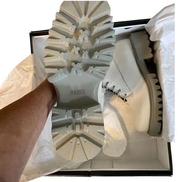 Rains Show Combat Boot Cement Off White Ankle High Lace-Up Vegan 7.5