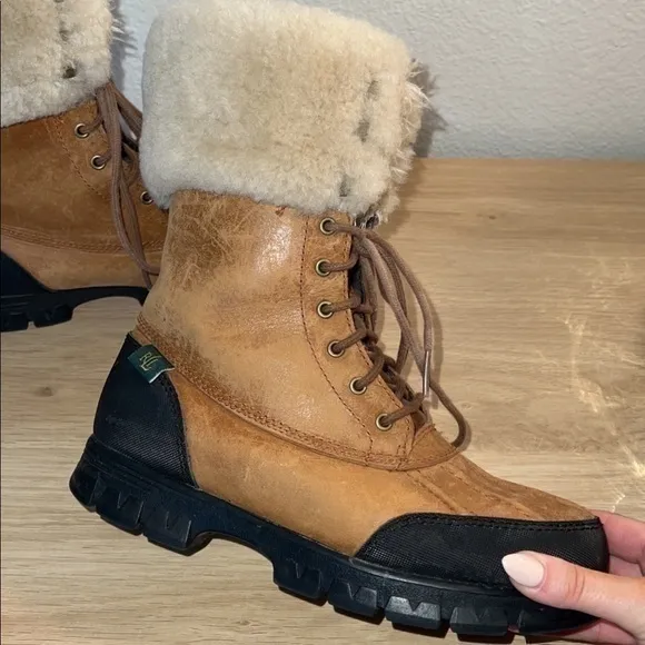 Ralph Lauren Quinta‎ Tan Brown Leather Shearling Mid Calf Winter Boots