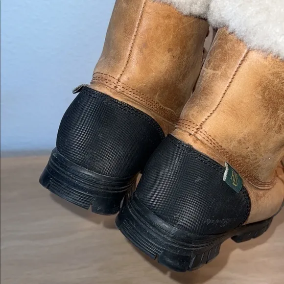 Ralph Lauren Quinta‎ Tan Brown Leather Shearling Mid Calf Winter Boots
