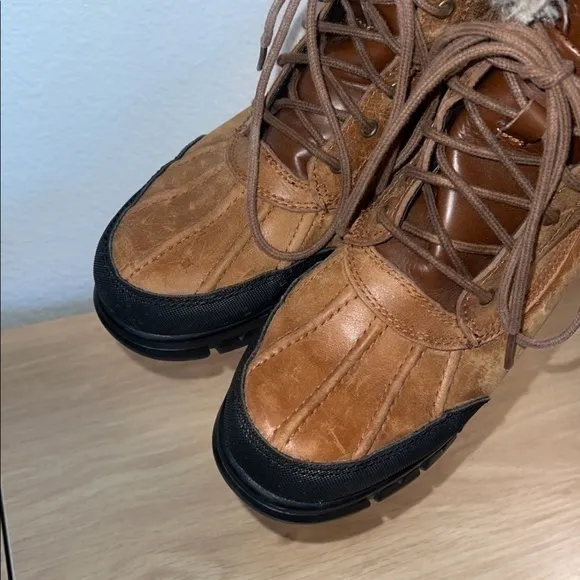 Ralph Lauren Quinta‎ Tan Brown Leather Shearling Mid Calf Winter Boots