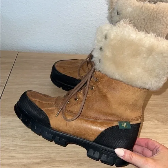 Ralph Lauren Quinta‎ Tan Brown Leather Shearling Mid Calf Winter Boots