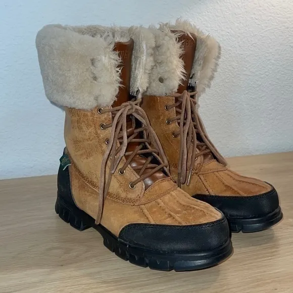 Ralph Lauren Quinta‎ Tan Brown Leather Shearling Mid Calf Winter Boots