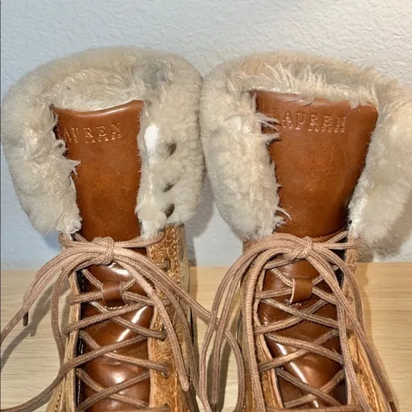 Ralph Lauren Quinta‎ Tan Brown Leather Shearling Mid Calf Winter Boots