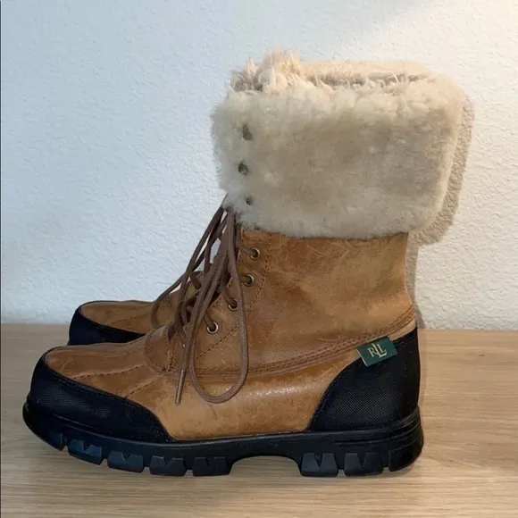 Ralph Lauren Quinta‎ Tan Brown Leather Shearling Mid Calf Winter Boots