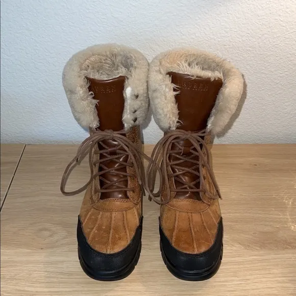 Ralph Lauren Quinta‎ Tan Brown Leather Shearling Mid Calf Winter Boots