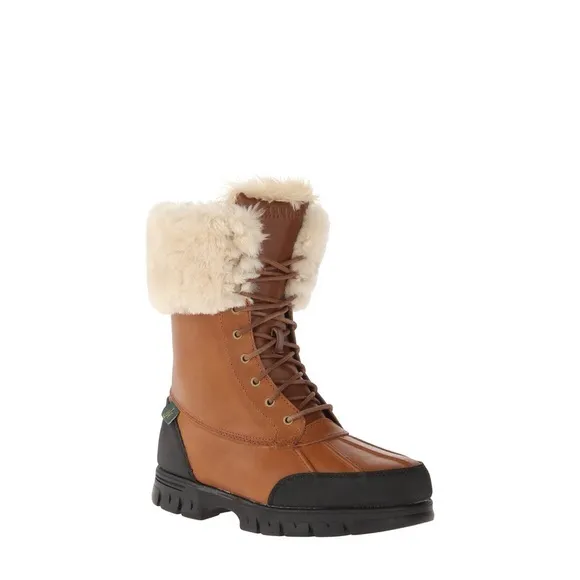 Ralph Lauren Quinta‎ Tan Brown Leather Shearling Mid Calf Winter Boots
