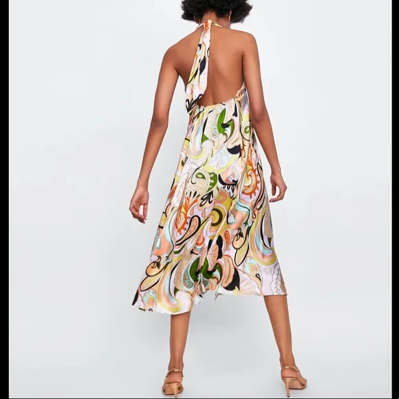 RARE ZARA Sz L Gorgeous silky paisley flowing 100% poly halter dress