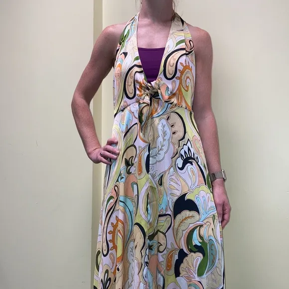 RARE ZARA Sz L Gorgeous silky paisley flowing 100% poly halter dress