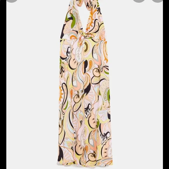 RARE ZARA Sz L Gorgeous silky paisley flowing 100% poly halter dress