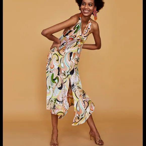 RARE ZARA Sz L Gorgeous silky paisley flowing 100% poly halter dress