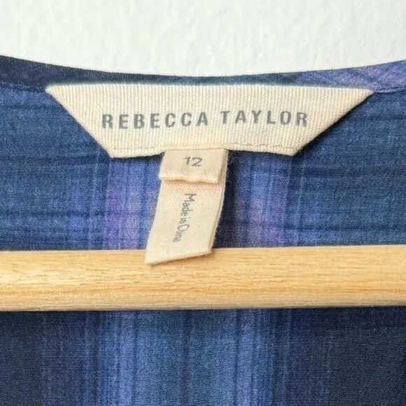 Rebecca Taylor Plaid Windowpane Long Sleeve Shirt Dress in Blue SIZE 12