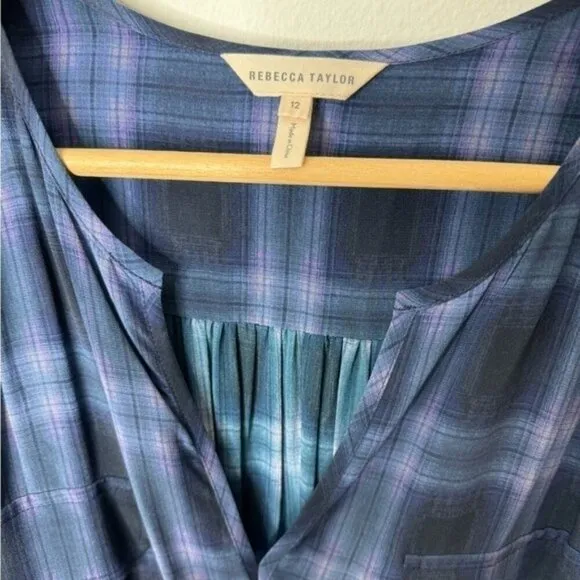 Rebecca Taylor Plaid Windowpane Long Sleeve Shirt Dress in Blue SIZE 12