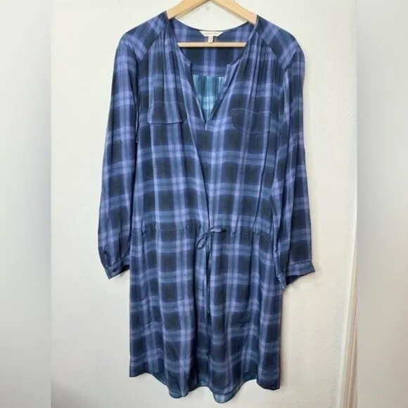 Rebecca Taylor Plaid Windowpane Long Sleeve Shirt Dress in Blue SIZE 12