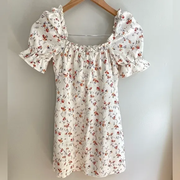 Reformation Robles Short Puff Sleeve Linen Mini Dress in Gabrielle Womens Size 0
