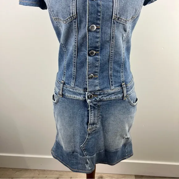 Retrofête Italian Denim Button-Up Mini Dress M Puff Sleeve Structured Jean Dress