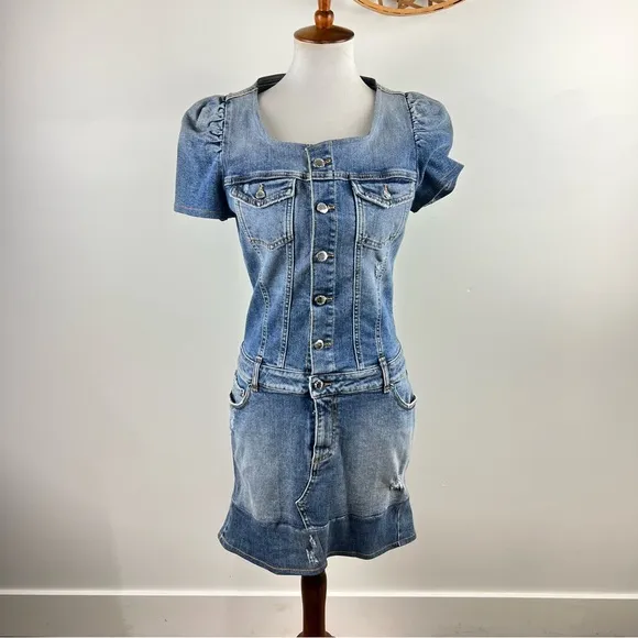 Retrofête Italian Denim Button-Up Mini Dress M Puff Sleeve Structured Jean Dress