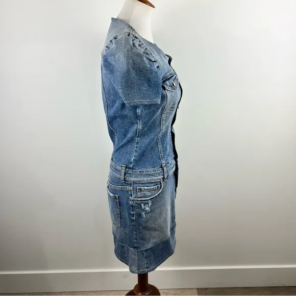 Retrofête Italian Denim Button-Up Mini Dress M Puff Sleeve Structured Jean Dress