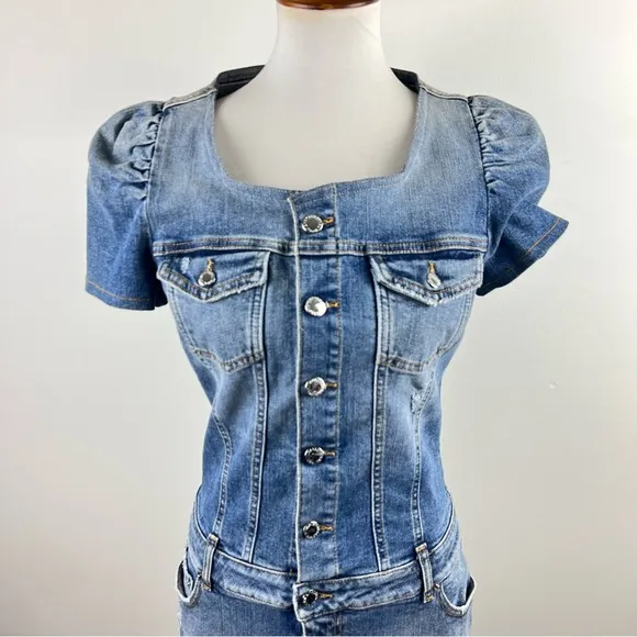 Retrofête Italian Denim Button-Up Mini Dress M Puff Sleeve Structured Jean Dress