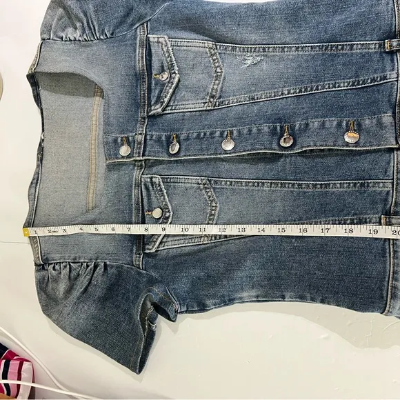 Retrofête Italian Denim Button-Up Mini Dress M Puff Sleeve Structured Jean Dress
