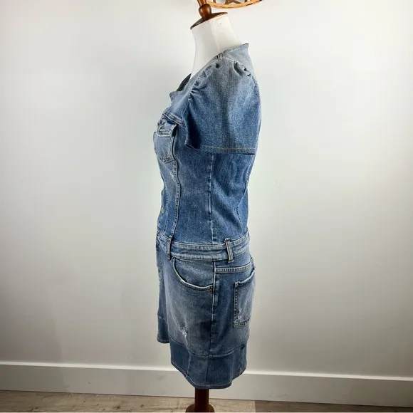 Retrofête Italian Denim Button-Up Mini Dress M Puff Sleeve Structured Jean Dress