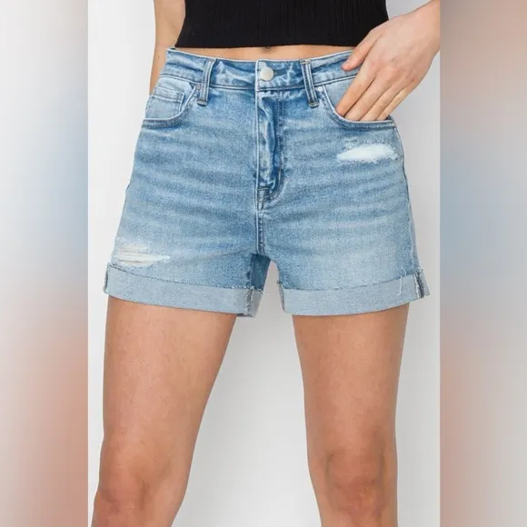 RISEN Distressed Mid-Rise Waist Denim Shorts