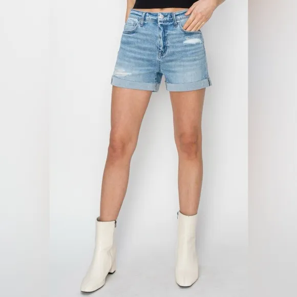 RISEN Distressed Mid-Rise Waist Denim Shorts