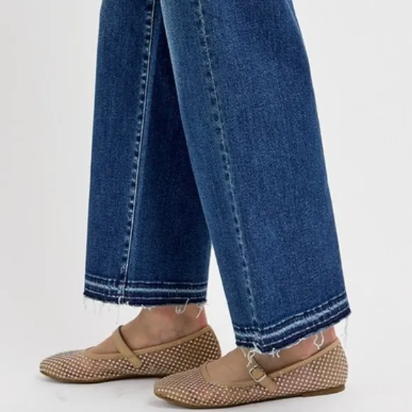 RISEN Tummy Control High-Rise Frayed Waist Bootcut Jeans Relaesed Hem Denim Pant