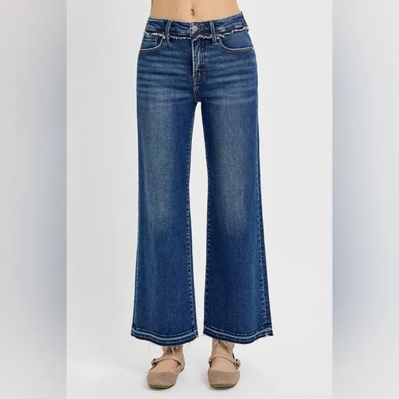 RISEN Tummy Control High-Rise Frayed Waist Bootcut Jeans Relaesed Hem Denim Pant