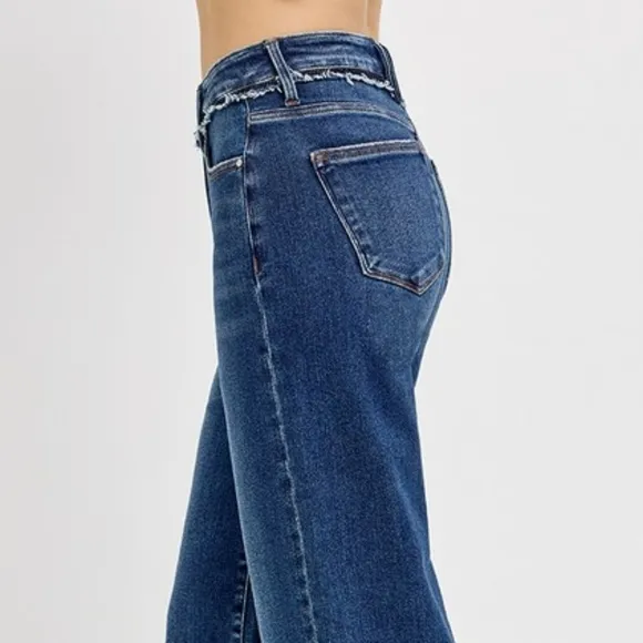 RISEN Tummy Control High-Rise Frayed Waist Bootcut Jeans Relaesed Hem Denim Pant