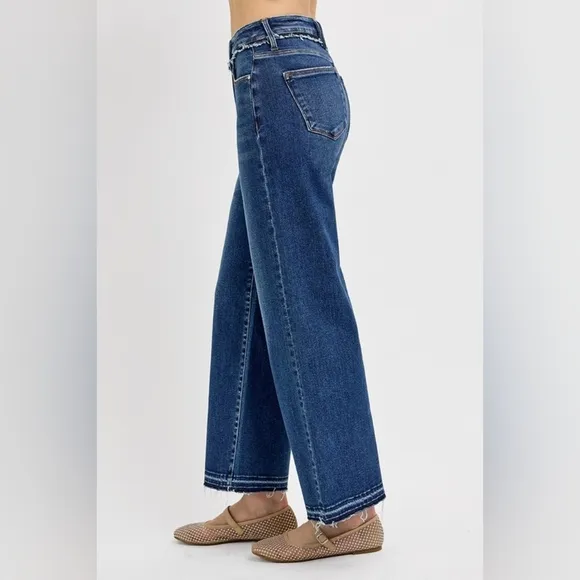 RISEN Tummy Control High-Rise Frayed Waist Bootcut Jeans Relaesed Hem Denim Pant