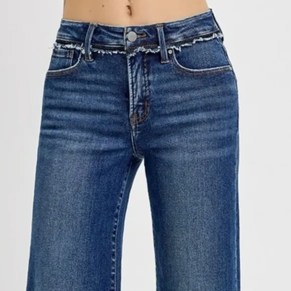 RISEN Tummy Control High-Rise Frayed Waist Bootcut Jeans Relaesed Hem Denim Pant