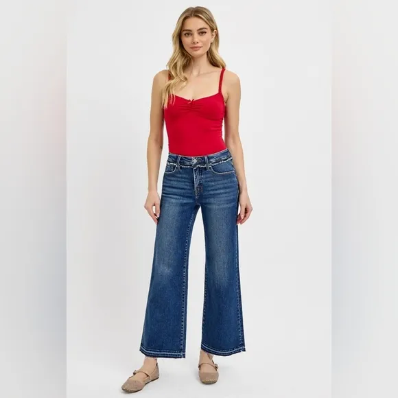 RISEN Tummy Control High-Rise Frayed Waist Bootcut Jeans Relaesed Hem Denim Pant