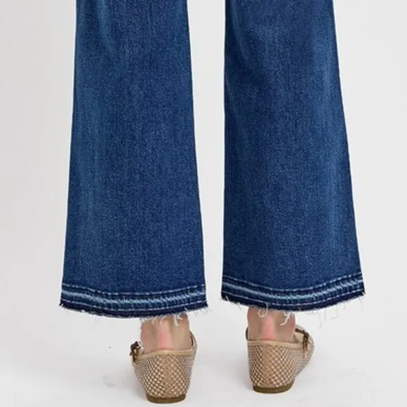 RISEN Tummy Control High-Rise Frayed Waist Bootcut Jeans Relaesed Hem Denim Pant