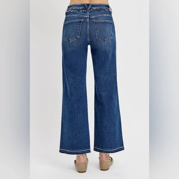 RISEN Tummy Control High-Rise Frayed Waist Bootcut Jeans Relaesed Hem Denim Pant