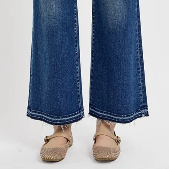 RISEN Tummy Control High-Rise Frayed Waist Bootcut Jeans Relaesed Hem Denim Pant
