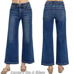 RISEN Tummy Control High-Rise Frayed Waist Bootcut Jeans Relaesed Hem Denim Pant