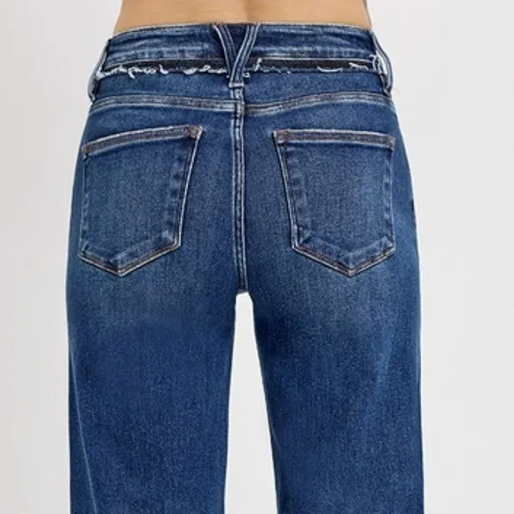 RISEN Tummy Control High-Rise Frayed Waist Bootcut Jeans Relaesed Hem Denim Pant