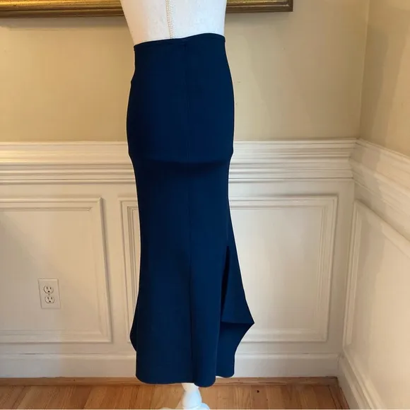 ROLAND MOURET Navy Blue Bodycon Asymmetrical Midi Skirt