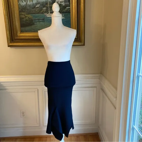 ROLAND MOURET Navy Blue Bodycon Asymmetrical Midi Skirt