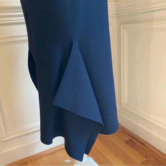 ROLAND MOURET Navy Blue Bodycon Asymmetrical Midi Skirt