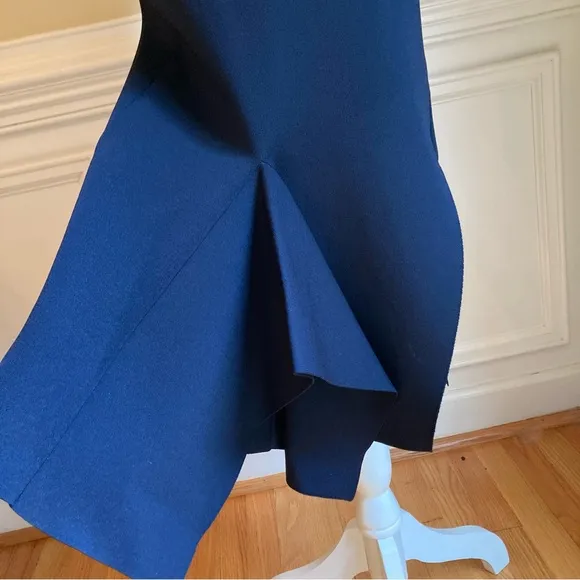 ROLAND MOURET Navy Blue Bodycon Asymmetrical Midi Skirt