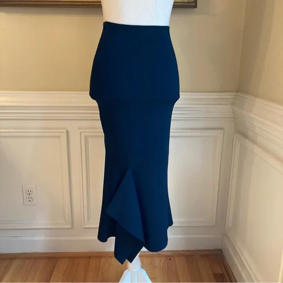 ROLAND MOURET Navy Blue Bodycon Asymmetrical Midi Skirt