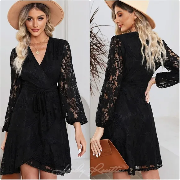 Romantic Lace Dress with Puff Sleeves and Belt