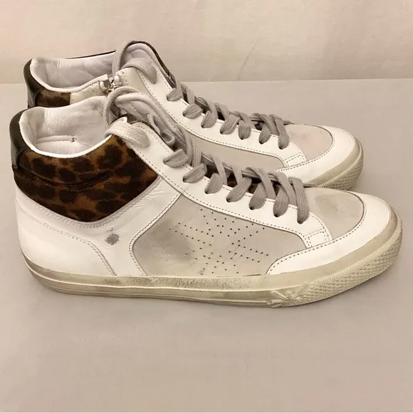 Ross &amp; Snow 9 High Top Women’s Sneakers Distressed Leather White Animal Print