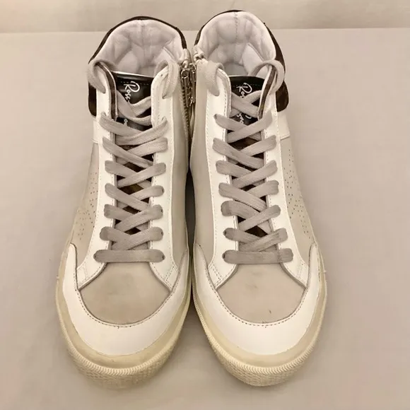 Ross &amp; Snow 9 High Top Women’s Sneakers Distressed Leather White Animal Print
