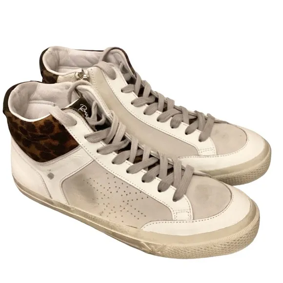 Ross &amp; Snow 9 High Top Women’s Sneakers Distressed Leather White Animal Print